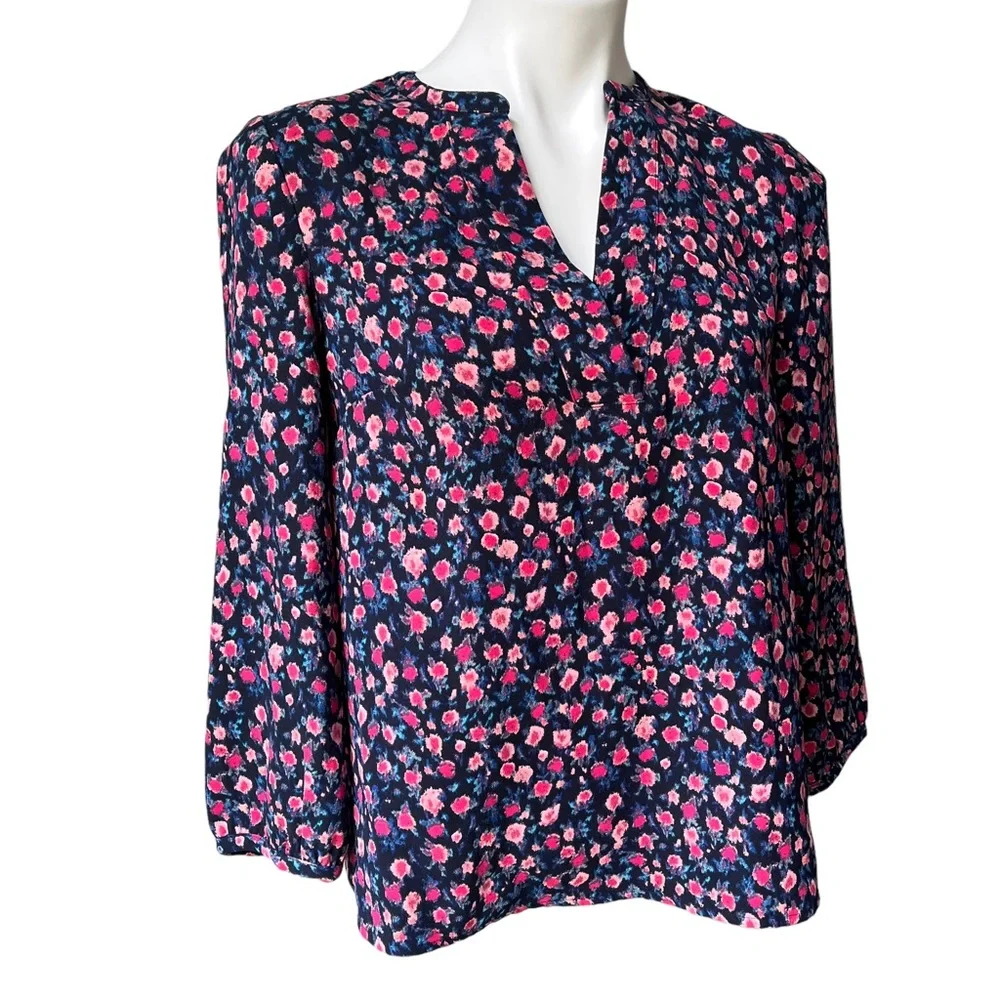 J. Crew Open V-Neck Top Dotted Floral Small Blue Pink Crepe Long Sleeve, Sz XS - Picture 8 of 13